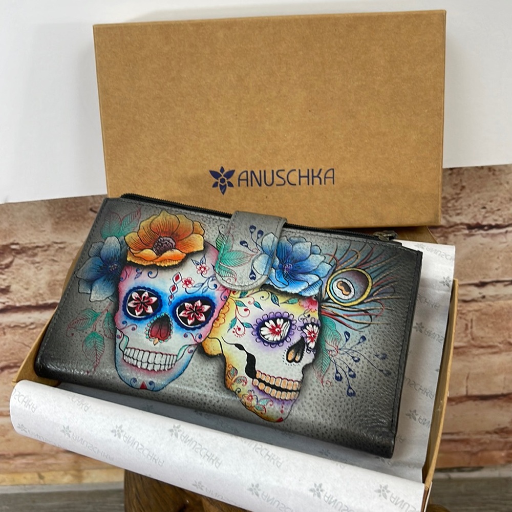 Anuschka Hand Painted Sugar Skull Wallet NWT